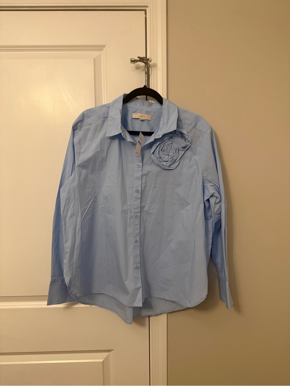 LOFT Pale Blue Button-Up Shirt with Rosette Accent